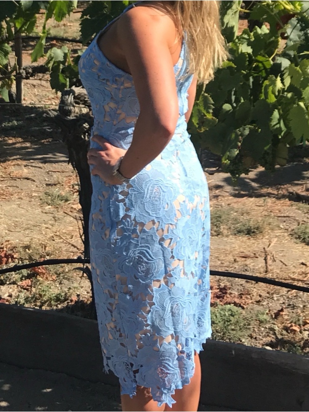 Elegant Light Blue Floral Lace Midi Dress by